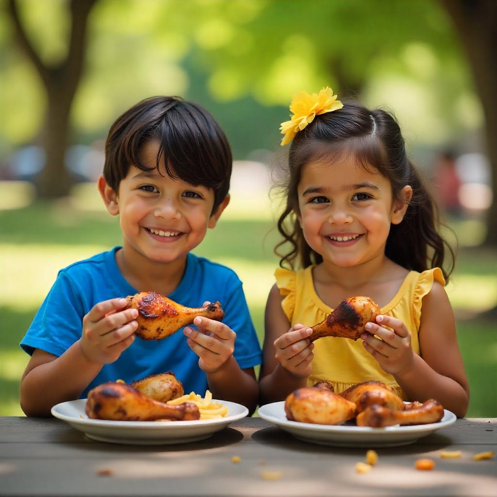 Dos niños comiendo pollo felices